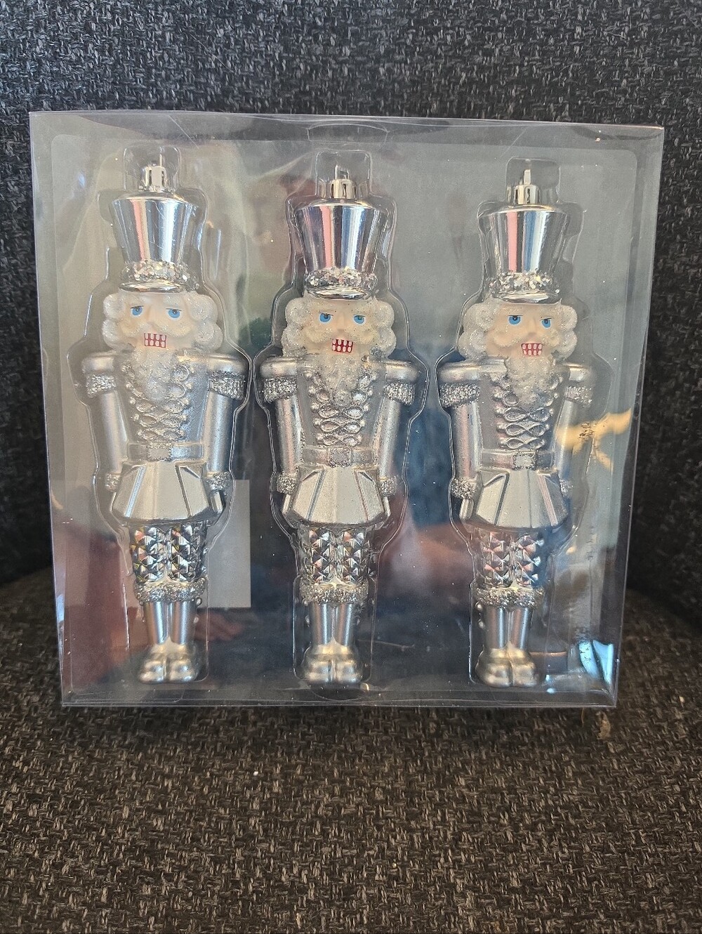 NIP Silver Glitter 7" Nutcracker Christmas Tree Ornaments Set Of 3 Shatterproof